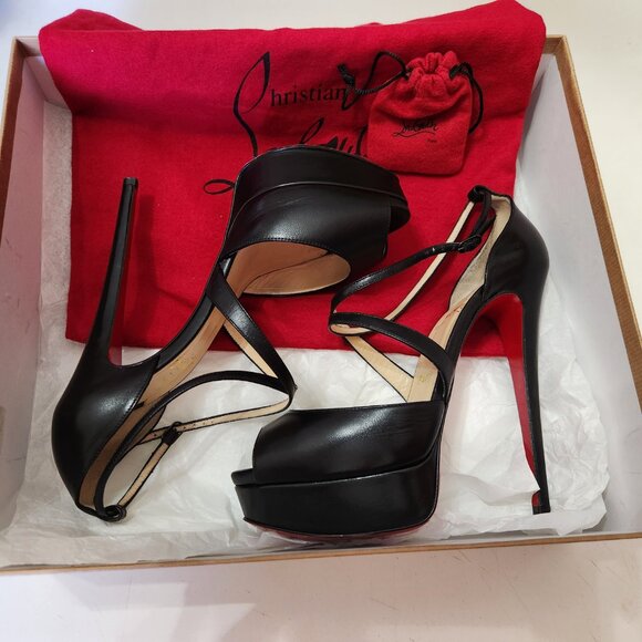EUC Christian Louboutin Cross Me 160 Black Leather Platform Heels, sz 38.5 - Picture 1 of 8